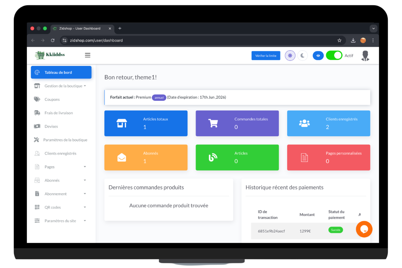Aperçu du tableau de bord ZidShop