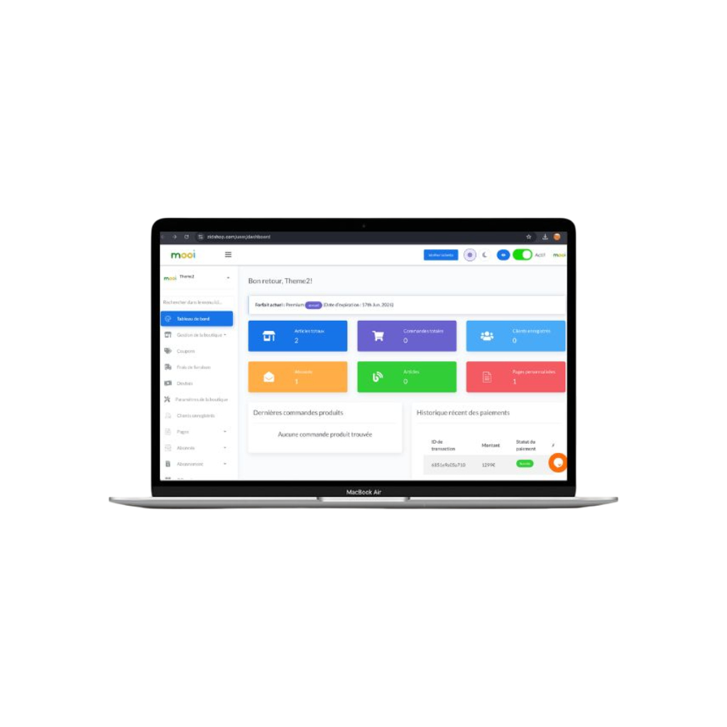 Illustration du tableau de bord ZidShop